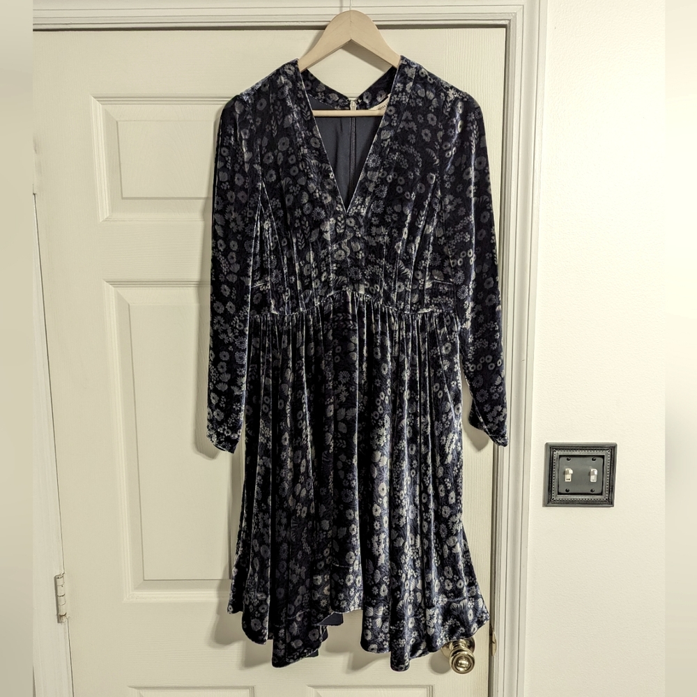 Rebecca Taylor Navy and Light Blue Floral Velvet Dress